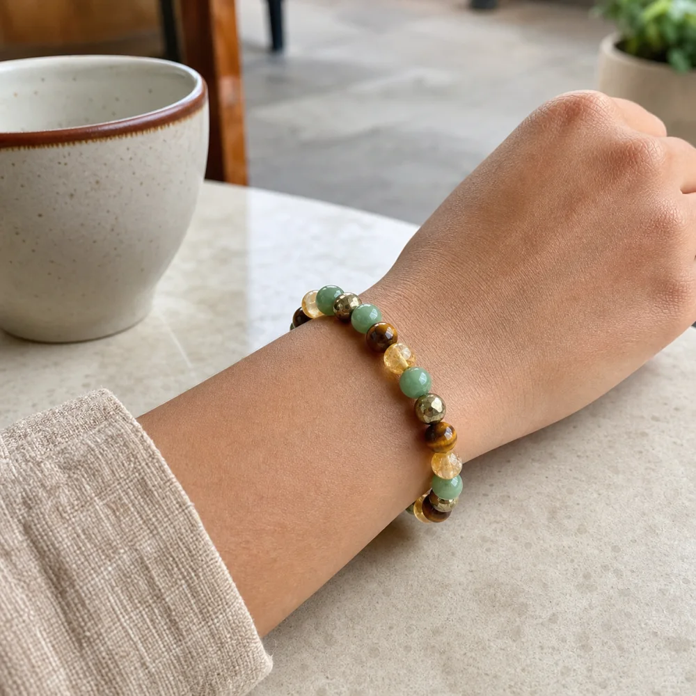 Lifestyle visualization of the Pyrite Prosperity Fusion Band worn at a cafe