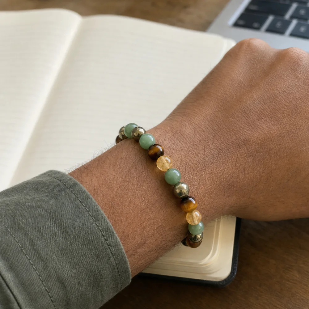 Lifestyle visualization of the Pyrite Prosperity Fusion Band worn at a work desk