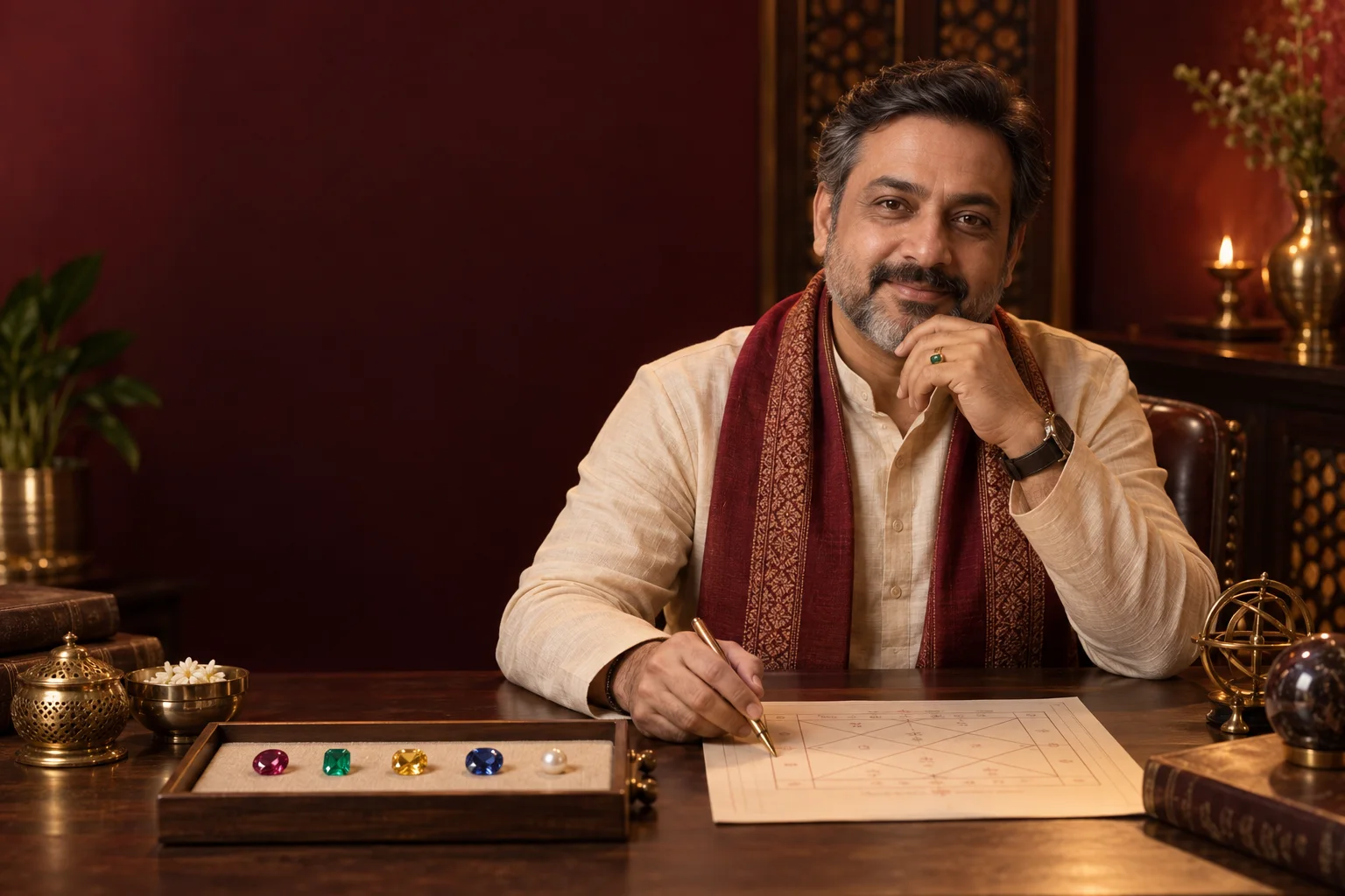 Vedic astrologer seated with a kundali and natural gemstones